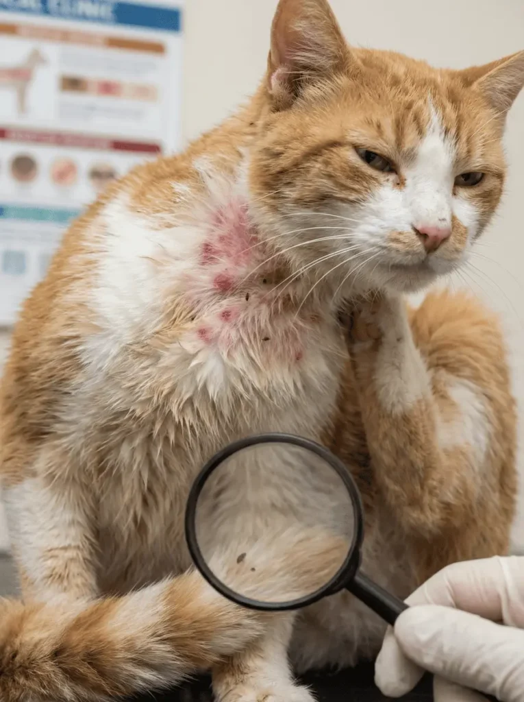 بقع حمراء أو بثور صغيرة على جلد القطة بسبب لدغات البراغيث والالتهاب الناتج عنها